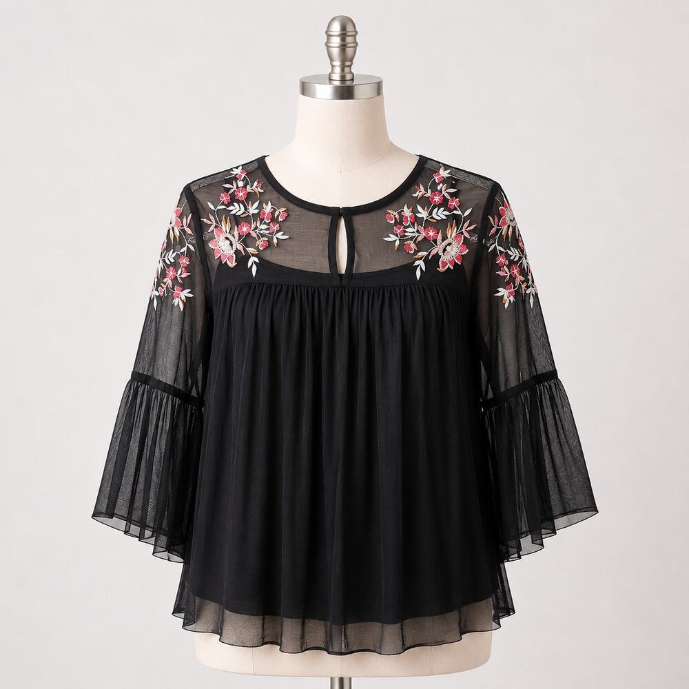 Embroidered Floral Black Sheer Bell Sleeve Top 3/4 Sleeve - Picture 10 of 10
